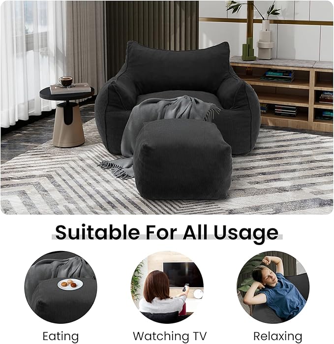 YOURLITE Bean Bag Chair for Adults with Footrest, High-Resilience Foam Filled Bean Bag Sofa with Armrests and Backrest, Comfy Corduroy Floor Sofa for Living Room, Bedroom or Balcony (Dark Grey)