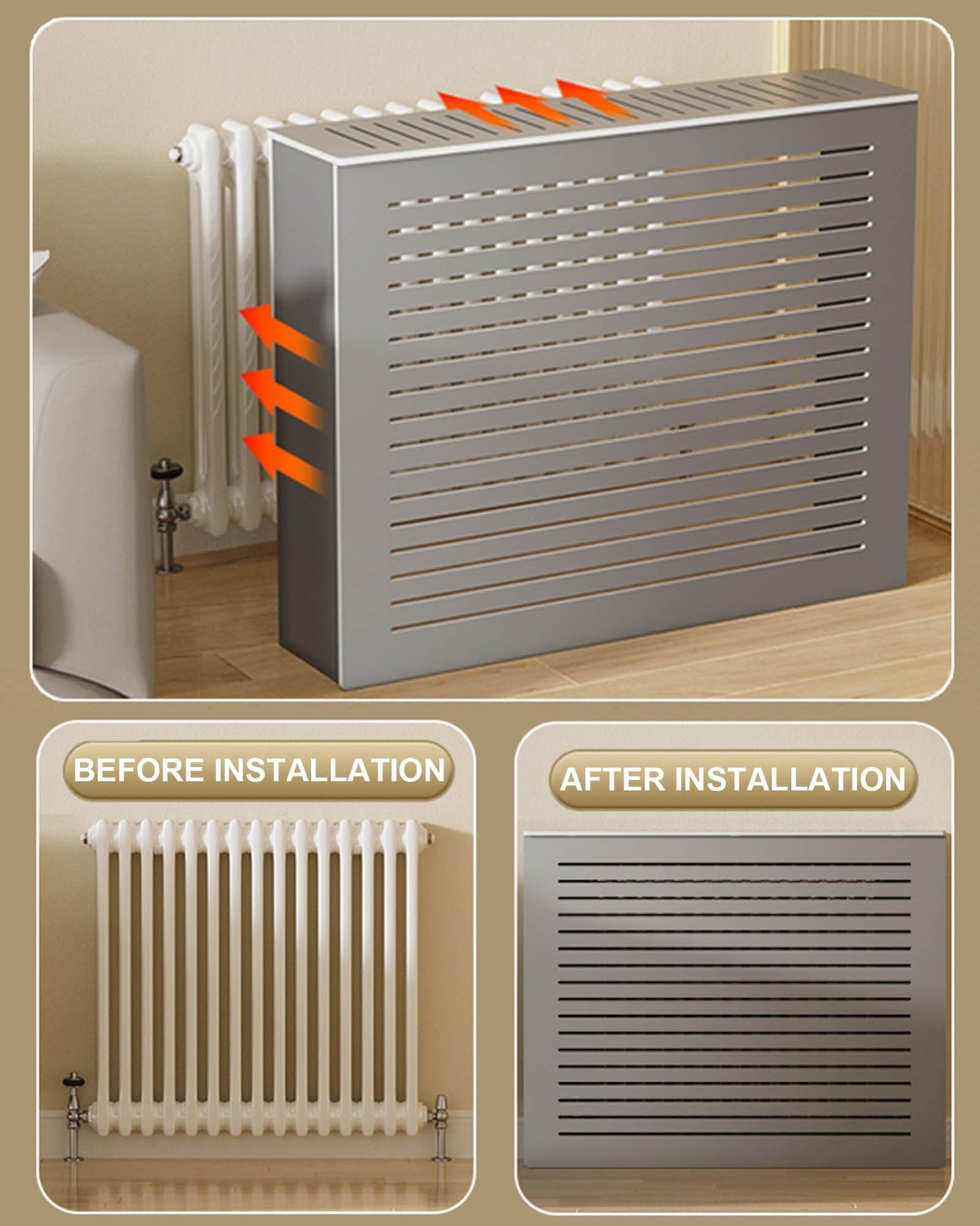 Gray Radiator Cover Louvered Grill Heater Heating Side Stand Cabinet Radiator Covers For Home Wood Heating Cover Storage Organizer Cabinet, Waterproof, Easy To Install(27.6"Lx9.8"Wx23.6"H)