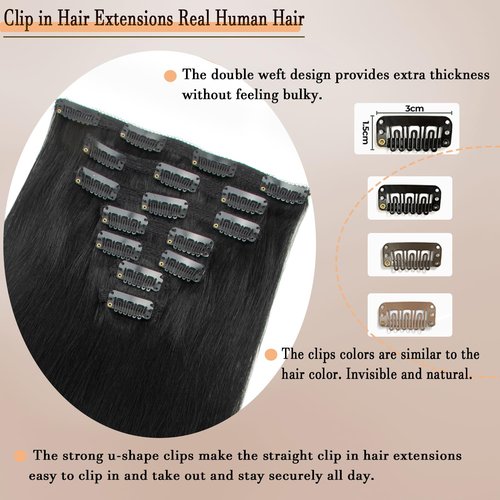 Jet Black Clip in Hair Extensions Real Human Hair Clip ins 20 Inch 7pcs 120g Human Hair Clip in Extensions Straight Hair Double Weft Human Hair Extensions For Women