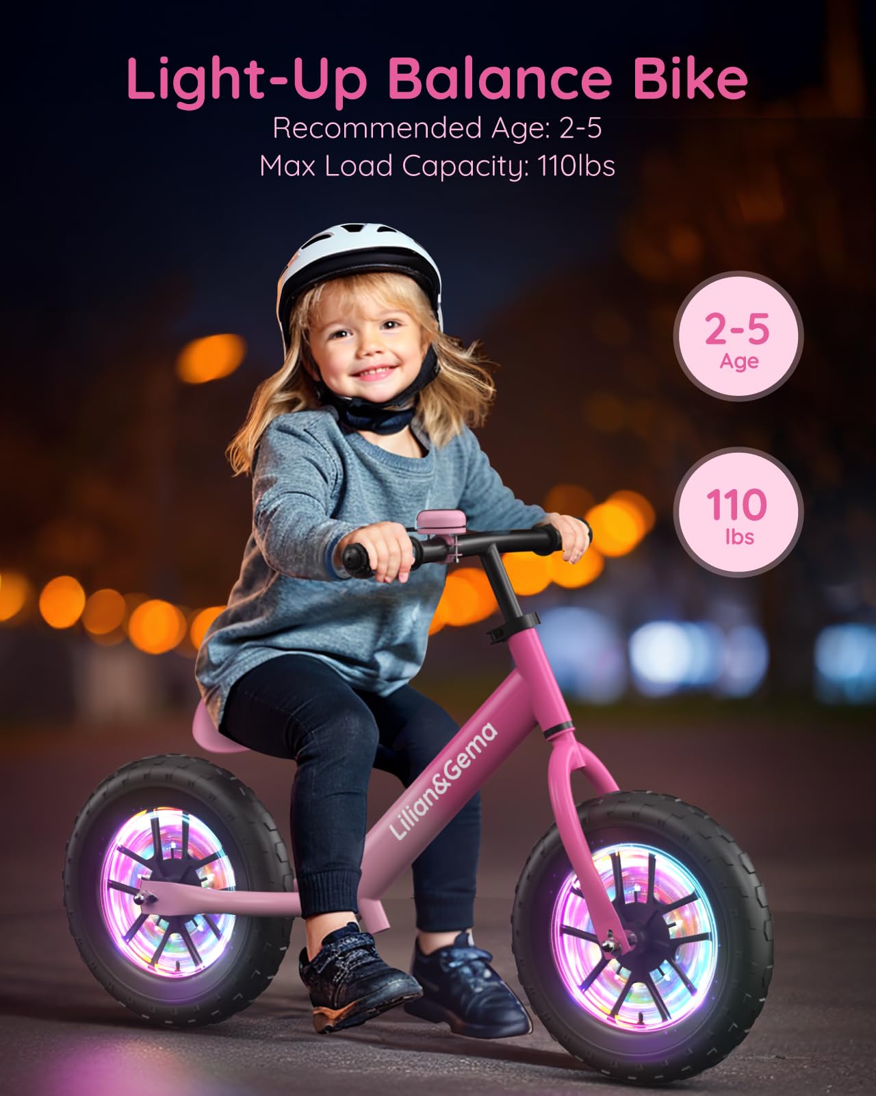 Lilian&Gema Toddler Balance Bike Colorful Lighting, 12'' Kids Balance Bike for 2-5 Years Old with Adjustable Seat & Handlebar, Toddler Gift Bike Suitable for Boys and Girls Ages 2 3 4 5, Pink