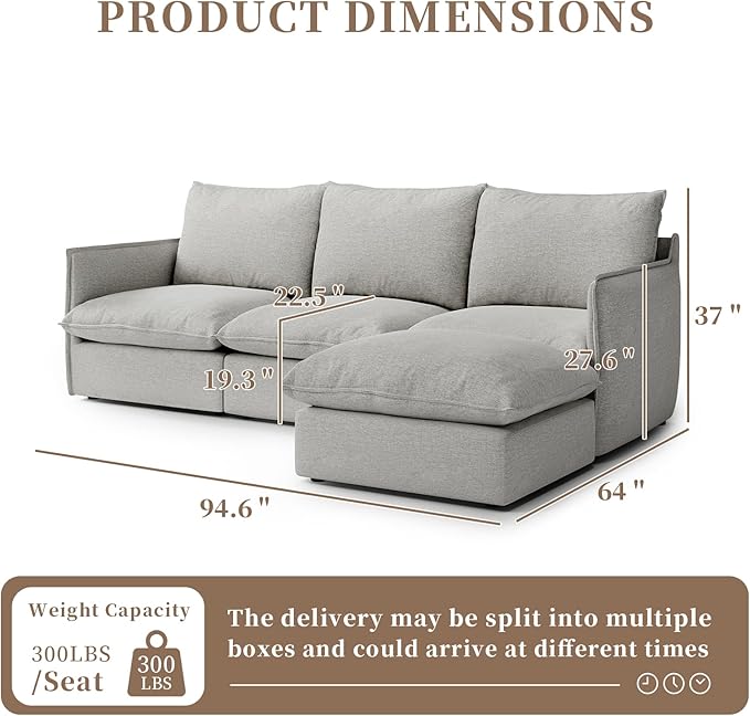 Gtilzria Waterproof Cloud Sectional Couches,High Backrest Down Filled Sofa for Living Room,94.5" Modular Sofas L-Shaped with Ottoman,Detachable Couch Covers,Light Grey