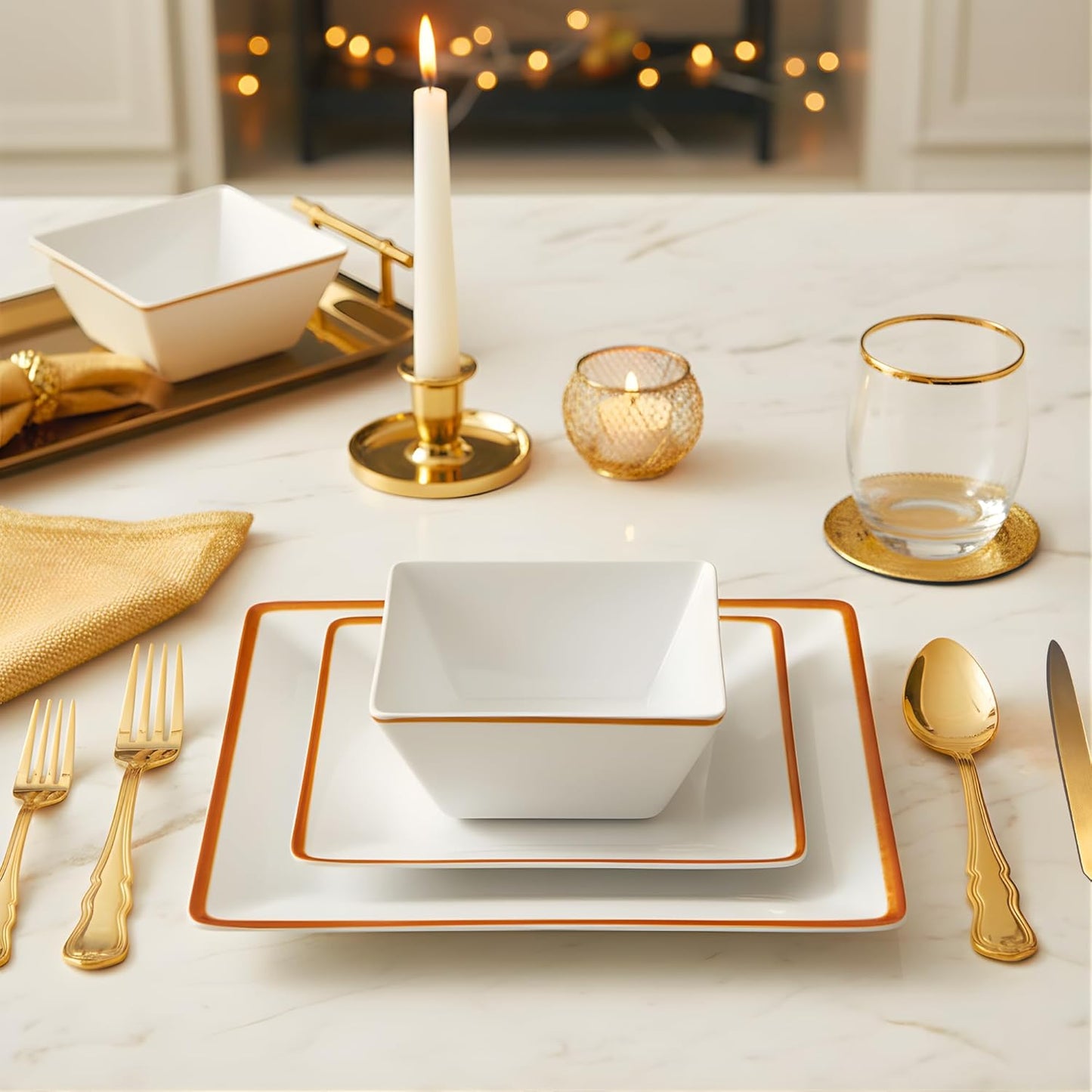 TP 12-Piece Dinnerware Set, Melamine Dishes Set with Bowls and Plates, Non-breakable and Lightweight Square Dinner Set for 4, White with Rim