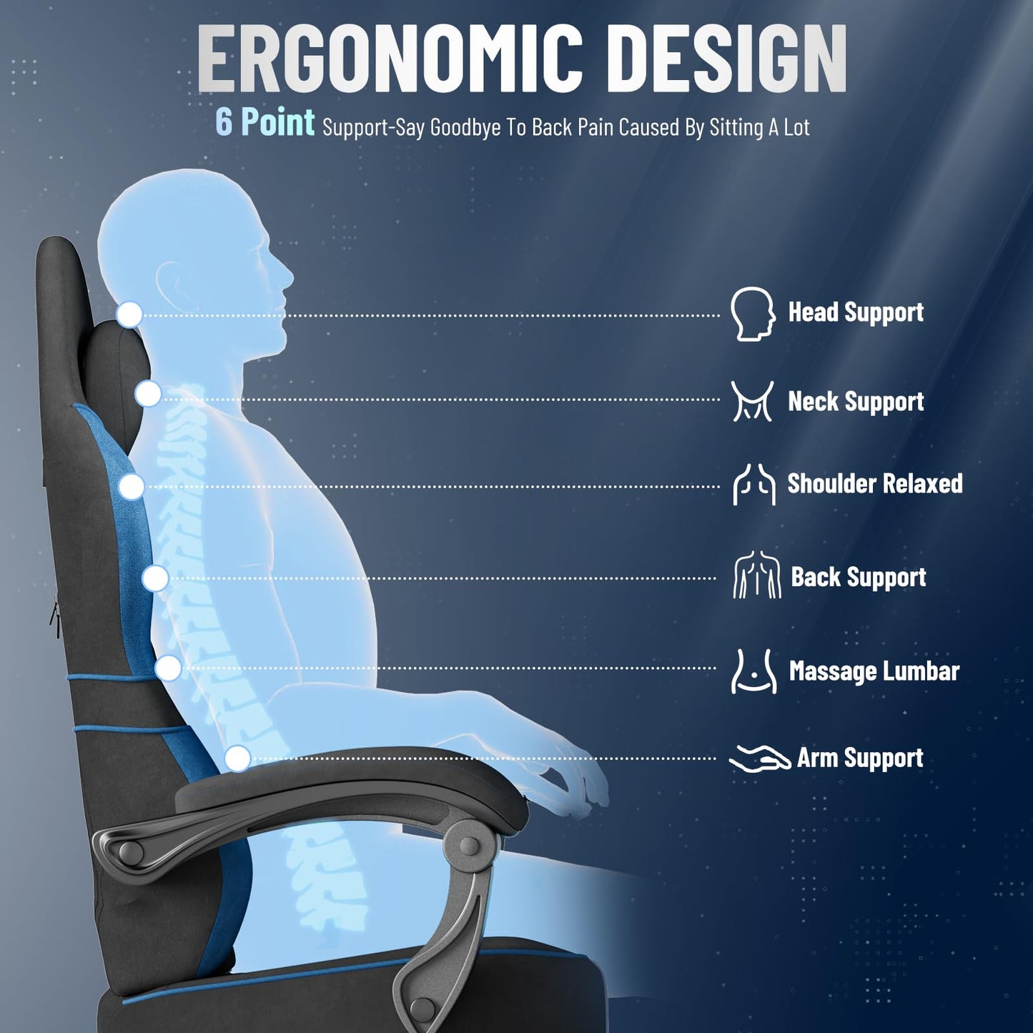 Huracan Ergonomic Gaming Chair Velvet Fabric, Massage Game Chair with Footrest for Adults, High Back Racing Computer Chair Lumbar Support Extended Seat for Home Office Video Game, Black and Blue