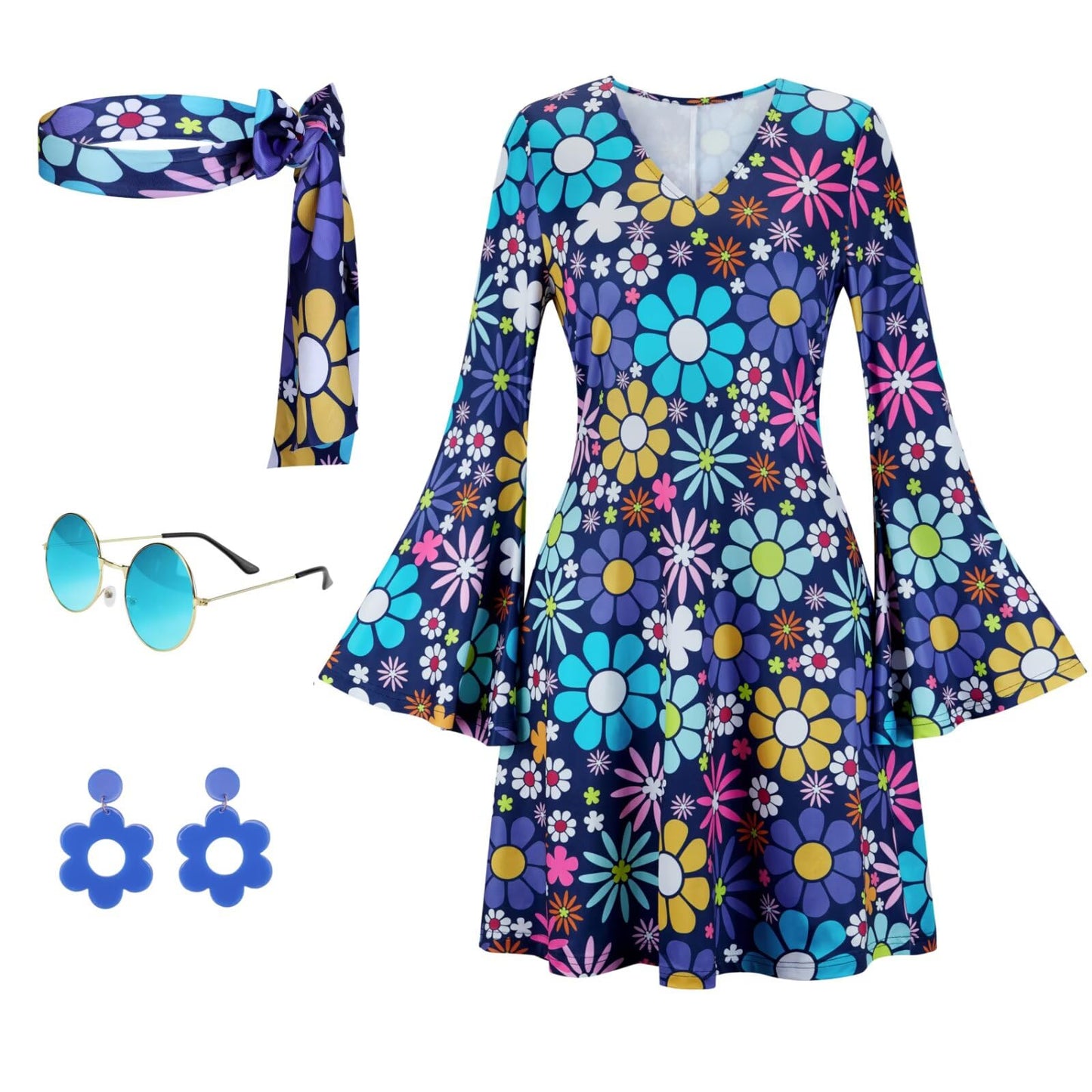 Disco Outfit Woman 70s Fancy Dress Hippy 60s 80s 90s 70's Costume Plus Size Halloween Costumes Clothes Yellow Deep Blue M