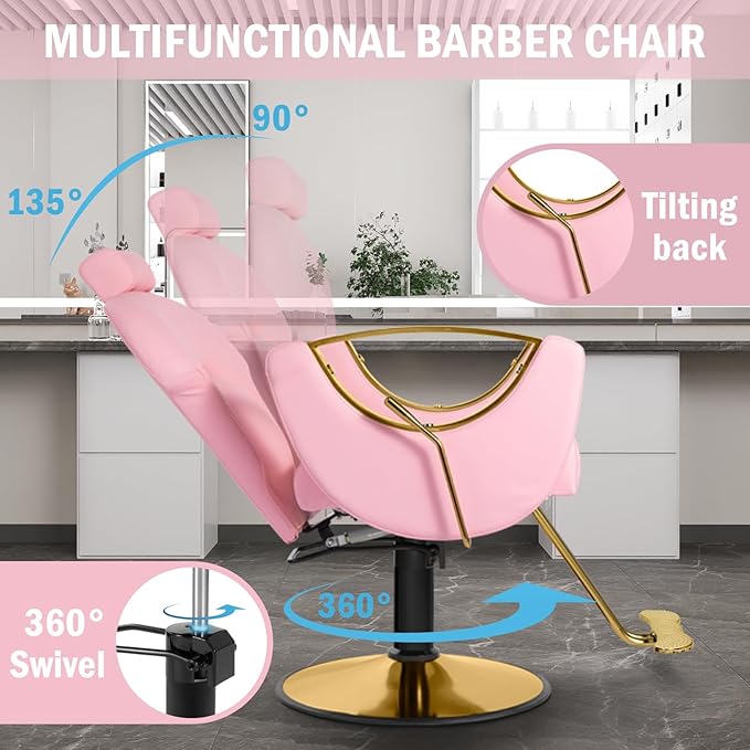 Pink Salon Barber Chair, Reclining Salon Hair Chair for Hair Stylist with Heavy Duty Pump, 360° Swivel Multi-Function Braiding Hairdresser Chair for Barbershop Home, Max to 440lbs