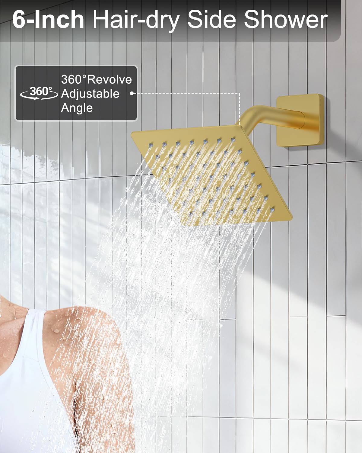 KOJOX Brushed Gold Dual Shower Head System – 11" Ceiling Rainfall + 6" Wall Mount Heads, 6-Mode Handheld Spray, Push-Button Diverter Faucet Set