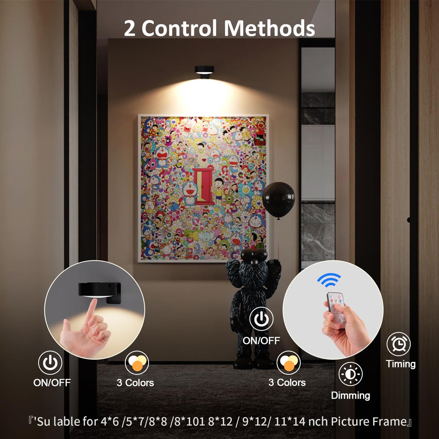 Tututry Picture Lights for Wall, Rechargeable Battery Operated Wireless Magnetic Painting Lights with Remote Dimmable and Timer, Wall Decor Lights with 3 Lighting Modes for Art Display (Black, 6Pack)