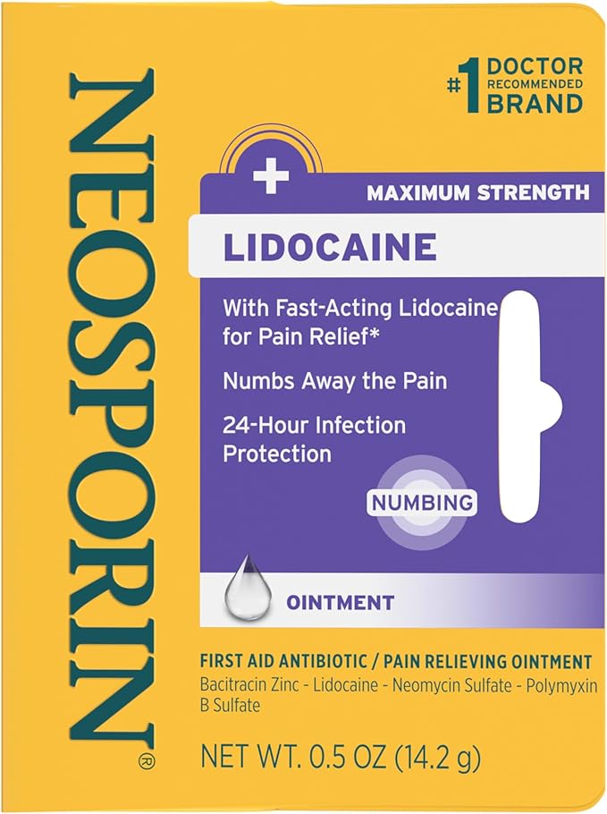 Neosporin + Lidocaine First Aid Triple Antibiotic Ointment, Fast-Acting, Maximum Strength Topical Pain Relief, 24-Hour Inf...