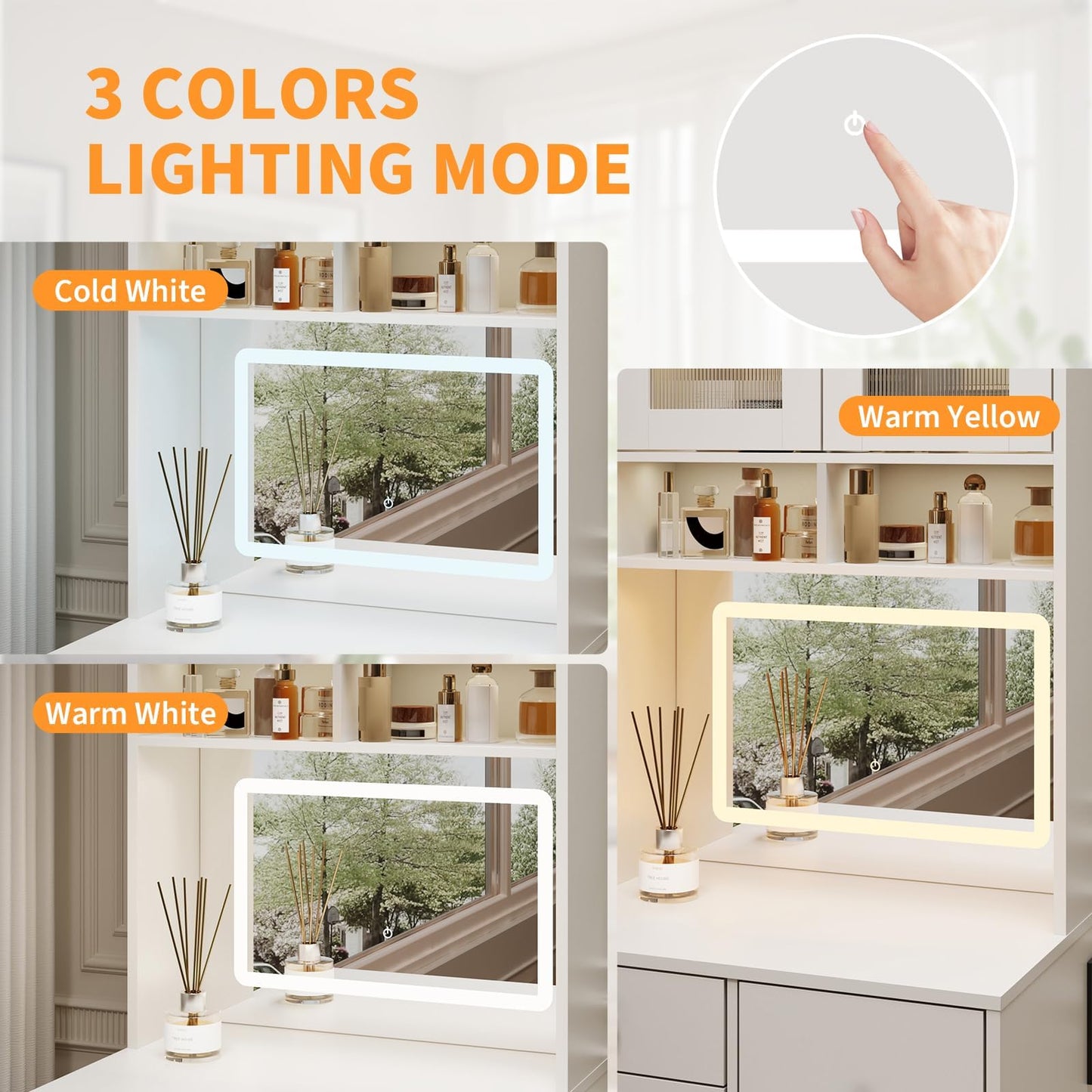 3-in-1 Make Up Vanity Desk with Mirror & Lights, Compact Vanity Table with Drawers, Storage Compartment and Rolling Stool, Modern Small Makeup Vanity and Storage Chair for Bedroom, Powder Room