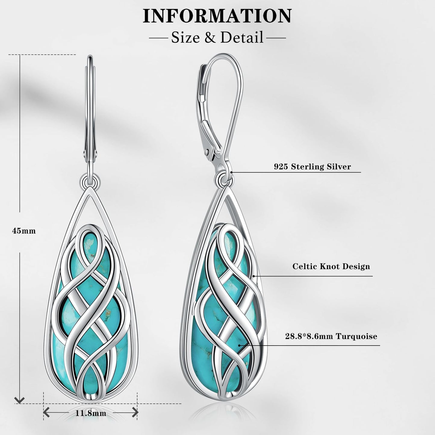 Phyonio Turquoise Earrings for Women, Turquoise Jewelry for Women S925 Sterling Silver Dangle Teardrop Earrings Celtic Design, Boho Jewelry Gift for Friend Lover Mother