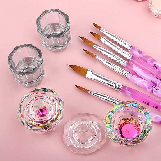 Acrylic Nail Brush Dappen Dish Set, 6PCS Nail Art Pen and 4PCS Crystal Dappen Dish, Manicure Bowl Cup Glass Container for Acrylic Liquid Nail Tool Kit