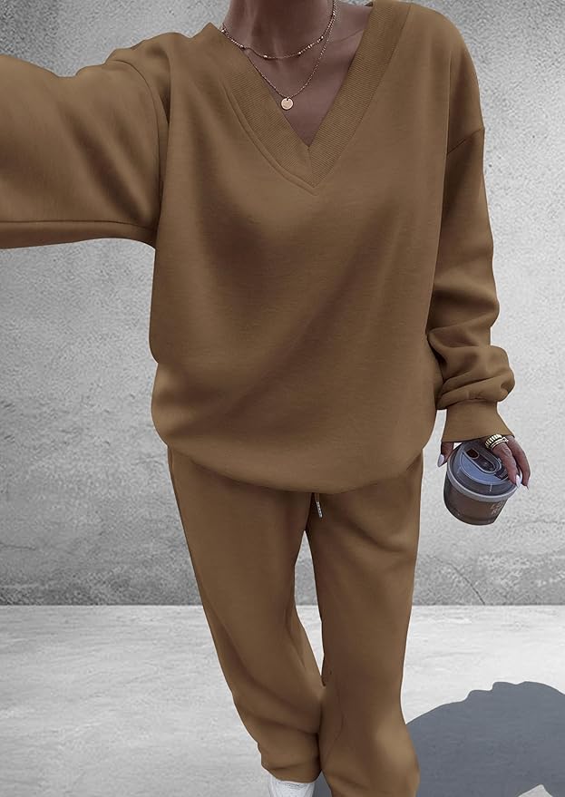 PRETTYGARDEN Casual Winter Two Piece Sets for Women 2026 V Neck Sweatshirt Loose Wide Leg Pants Tracksuit Knit Fall Outfits