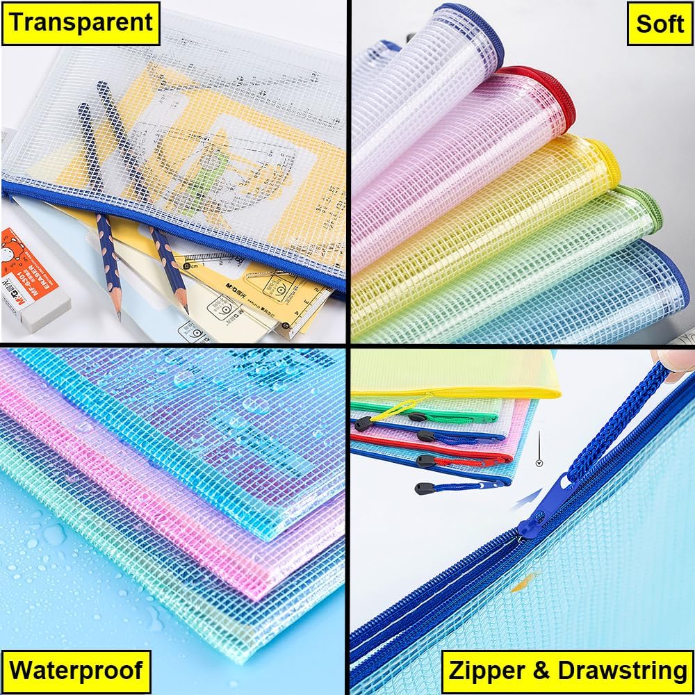 AUSTARK 20 Pcs Zipper File Bags, Plastic Mesh Pouch, Board Game Storage Bag, Waterproof Bags for Office School (A5 Size 9.2''x6.7'', Multicolored)