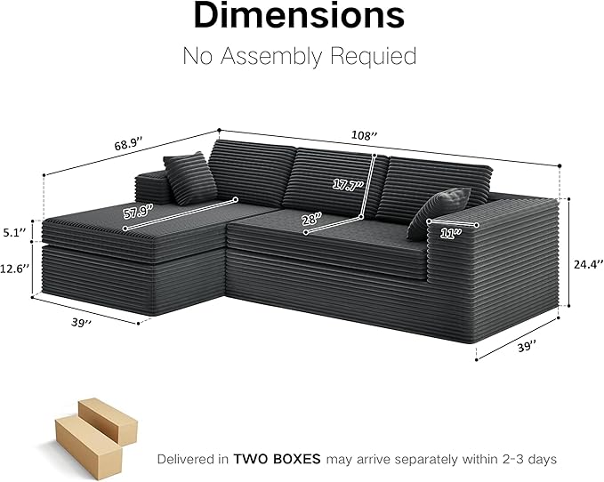 Extra Firm 108” Cloud Boneless Couches for Living Room,Modular Sectional Cloud Couch with Deep Seat, High-Resilience Foam/Sag-Resistant/Keeps its Form, No Assembly Required(Left-Facing Chaise) | Extended Durability, Extra Firm Support, Not easily colla...