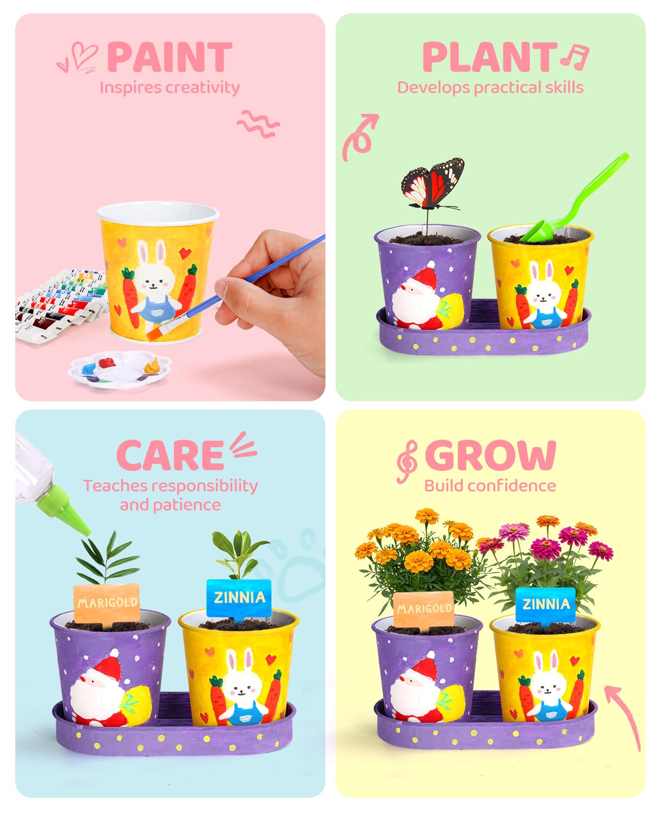 YAUNGEL Paint & Plant Flower Kids Gardening Set, Arts and Crafts for Kids Growing Painting Kit with 4 Pots, Christmas Birthday Gifts for Girls & Boys Children