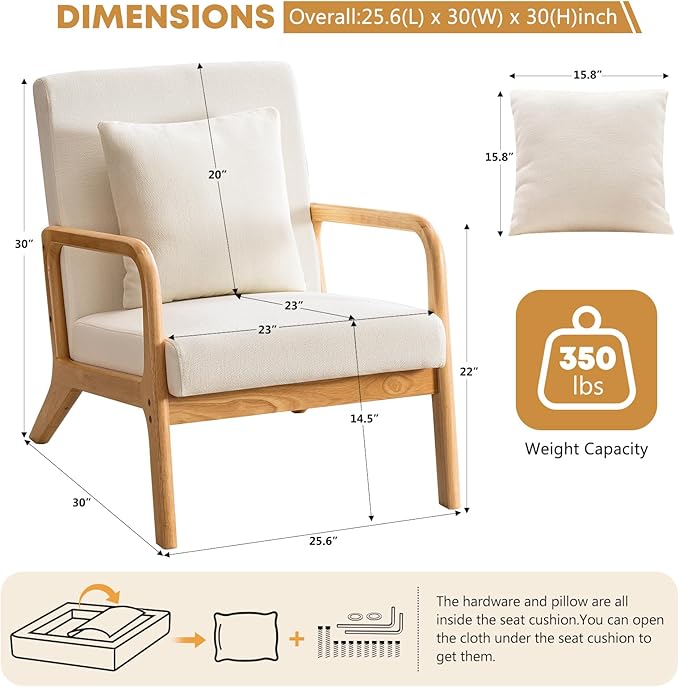 ELUCHANG Mid-Century Modern Accent Chair with Lumbar Pillow, Linen Fabric Comfy Lounge Side Upholstered Reading Armchair for Living Room Bedroom Apartment,Easy Assembly(Beige,2pcs)