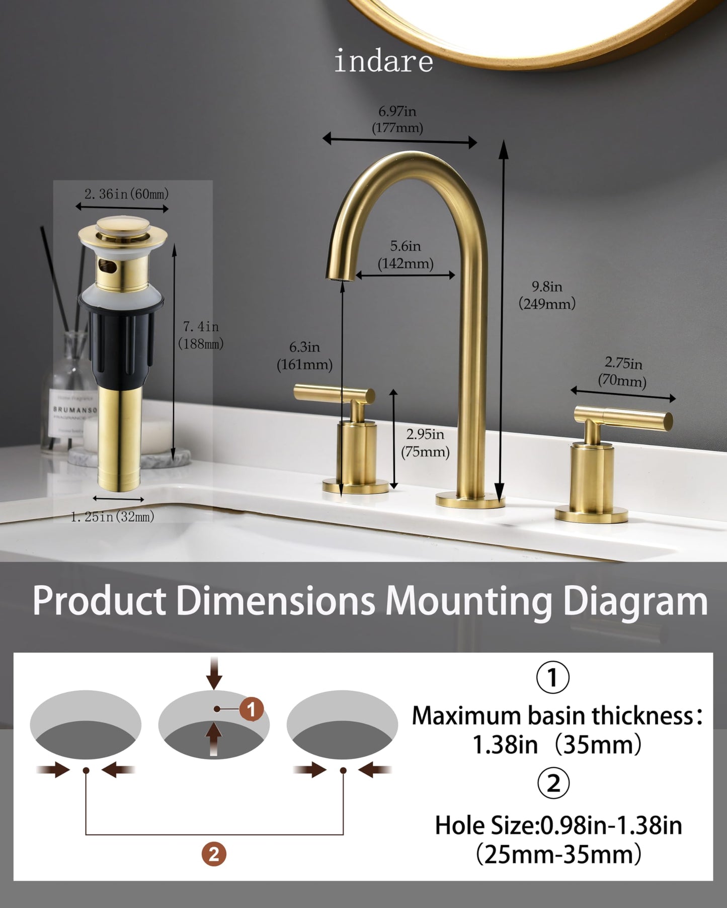 Brushed Gold Bathroom Faucet, Indare Two Handles 360° Swivel Spout Widespread 4Inch 8Inch Brass Bathroom Sink Faucet 3 Hole with Pop-Up Drain and Water Supply Lines, Upgraded Style