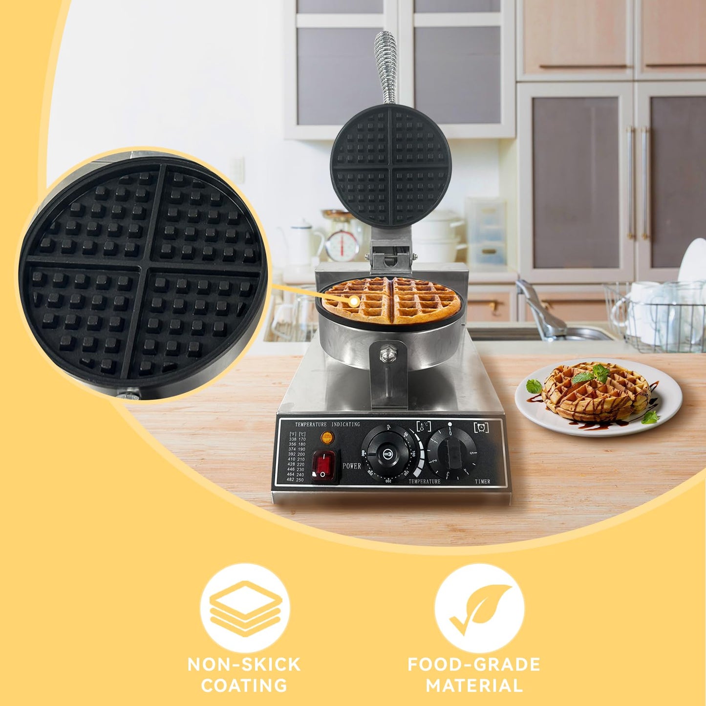 Commercial Waffle Maker, 1200W Stainless Steel Nonstick Round Waffle Iron with 122℉ to 572℉ Temp Range & Time Control, for Household Bakeries Snack Bar