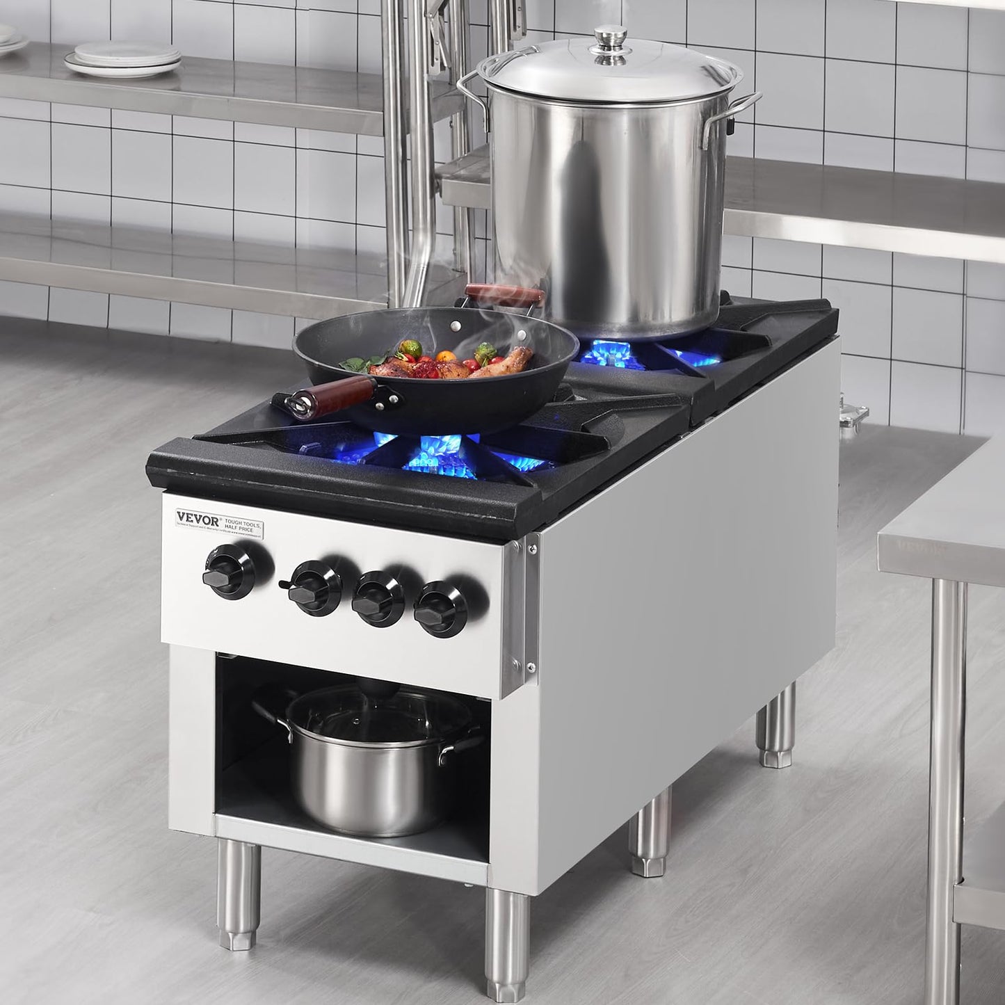 VEVOR Commercial Gas Stove with 2 Burners, Propane and Natural Gas Countertop Cooking Stove Range, Stainless Steel Gas Hot Plate, Commercial Cooking Equipment for Restaurant, 180,000 BTU