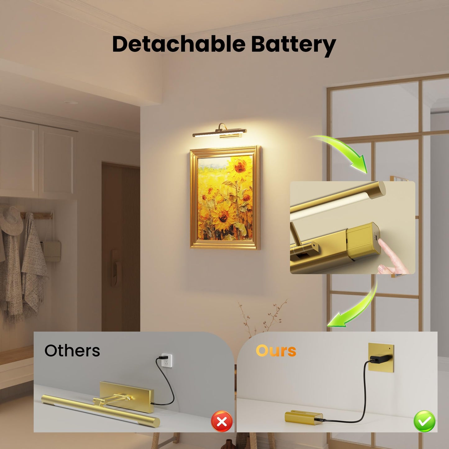 Craftersmark 16" Gallery Picture Light with 1pcs Extra 6000mAh Battery- Brass Cordless Rechargeable Wall Sconce with Remote for Library, Study Room, Art & Renter Use