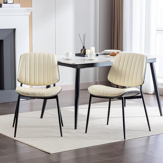 YaFiti Dining Chairs Set of 4, Mid Century Modern Accent Dining Room and Kitchen Chairs, Upholstered PU Leather Vertical Stripe Chairs for Vanity with Walnut Bentwood and Metal Legs, Beige