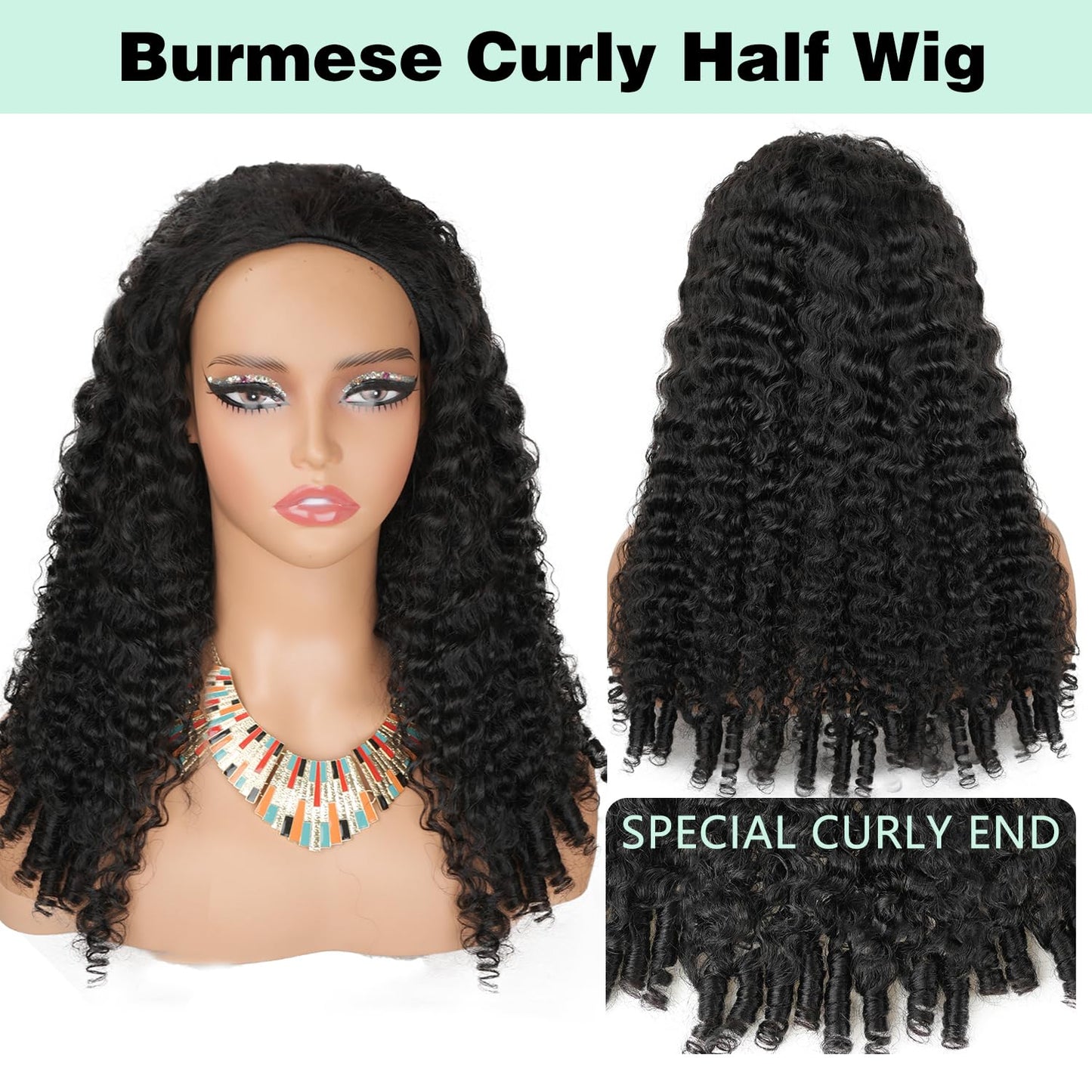 Canaryfly Burmese Curly Half Wigs for Women,3 In 1 Seamless Curly Human Hair Flip Over Half Wigs with Drawstring And Spiral End,