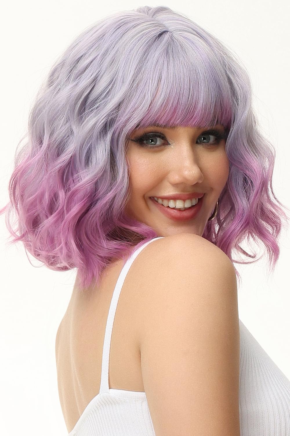 Rose bud Wavy Bob Wig with Bangs Natural Light Purple to Rose Wig Synthetic Hair Shoulder Length Short Curly Wigs for Women