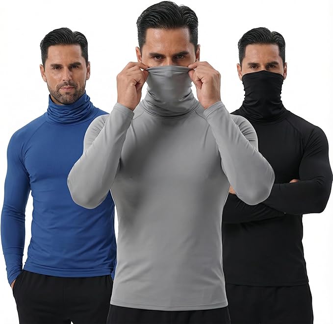 3 Pack Men's Sun Protection Shirts with Built-in Face Mask, UPF 50+ Long Sleeve Fishing Running Work Outdoor Cooling Tee