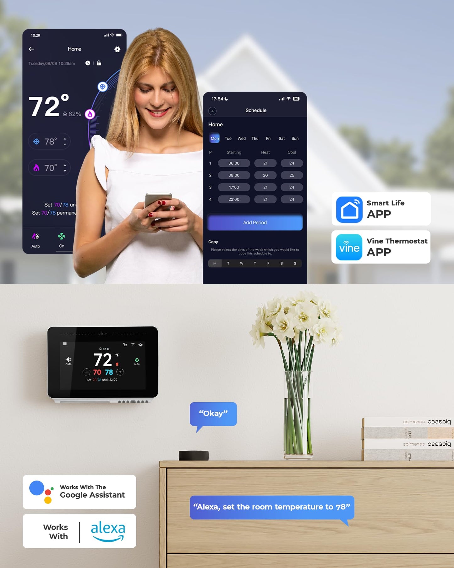 Vine Smart Thermostat for House with Nightlight, 4.3 Inches WiFi Thermostats for Home Compatible with Alexa and Google Assistant, 7day x 8period Programmable, C-Wire Required