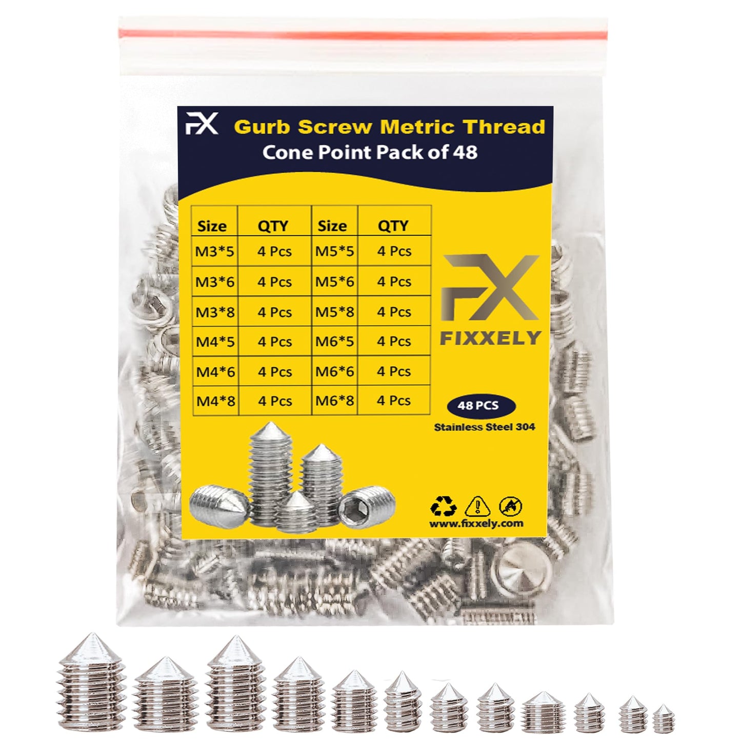 FIXXELY Cone Point Set Screws 48 Pcs (M3,M4,M5,M6) Hex Head - Metric 304 Stainless Steel Grub Screws Assorted Sizes Ideal for Home Repairs, Bathroom Fixtures and More