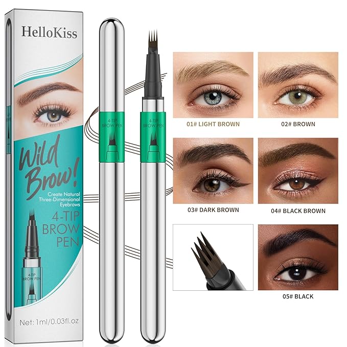 Microblading Eyebrow Pen - Waterproof Eye Brow Pen with 4-Fork-Tip Liquid Brow Pens for Natural Looking Defined Eyebrows (Dark Brown)