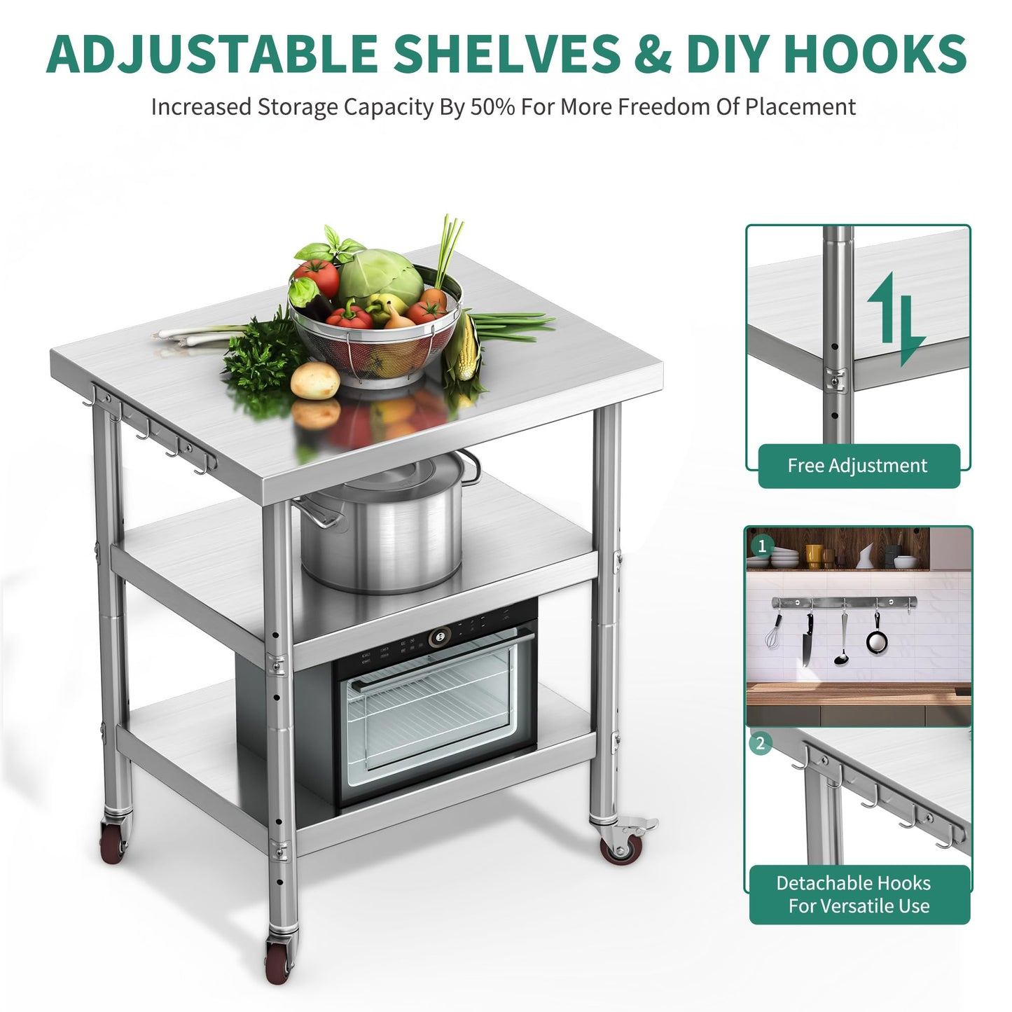 YITAHOME NSF Stainless Steel Table, 30" X 24" Work Table with Wheels, 3 Shelves Metal Prep Worktable for Home Kitchen Restaurant Garage Warehouse Outdoor