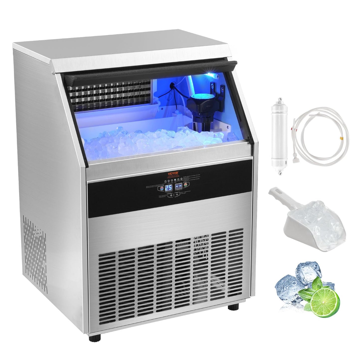 Vevor Commercial Ice Maker Machine, 330Lbs/24H Ice Maker Machine With 88Lbs Storage Capacity, 126 Ice Cubes In 12-15 Minutes, Le