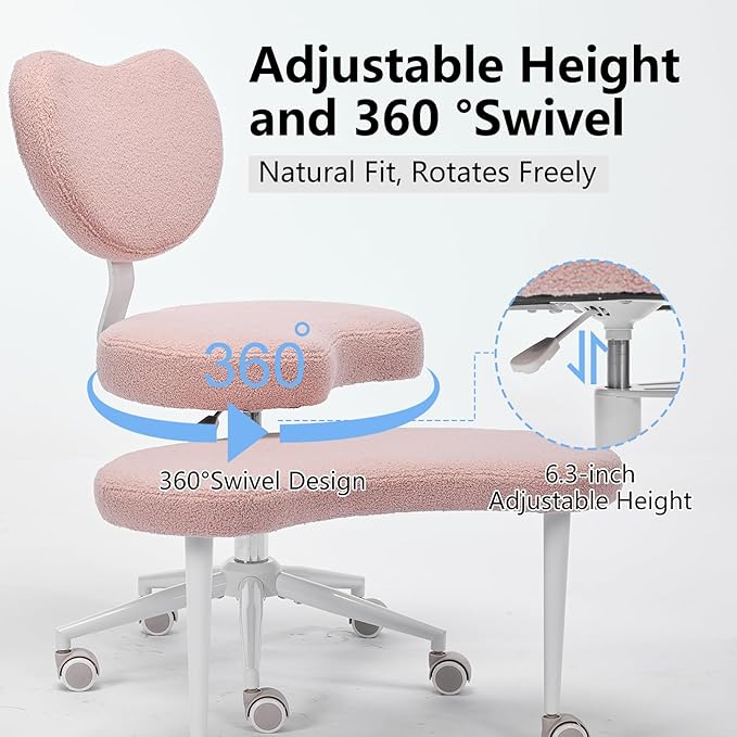 Cross Legged Office Chair with Wheels–360°Swivel Meditation Chair, Adjustable Height Yoga Office Chair for Adults, Ergonomic Kneeling Chair with Back Support for ADHD, Teddy Fabric, Pink