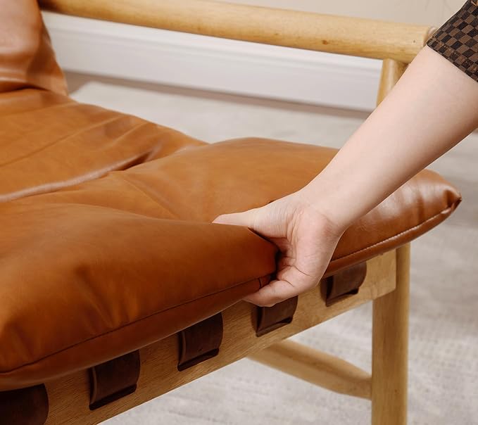 Faux Leather Accent Chair Mid Century Modern Living Room Chairs Comfy Arm Chair with Solid Wood Frame Upholstered Lounge Reading Chair Cozy Recliner for Guest Room/Bedroom, Brown, 7533AC