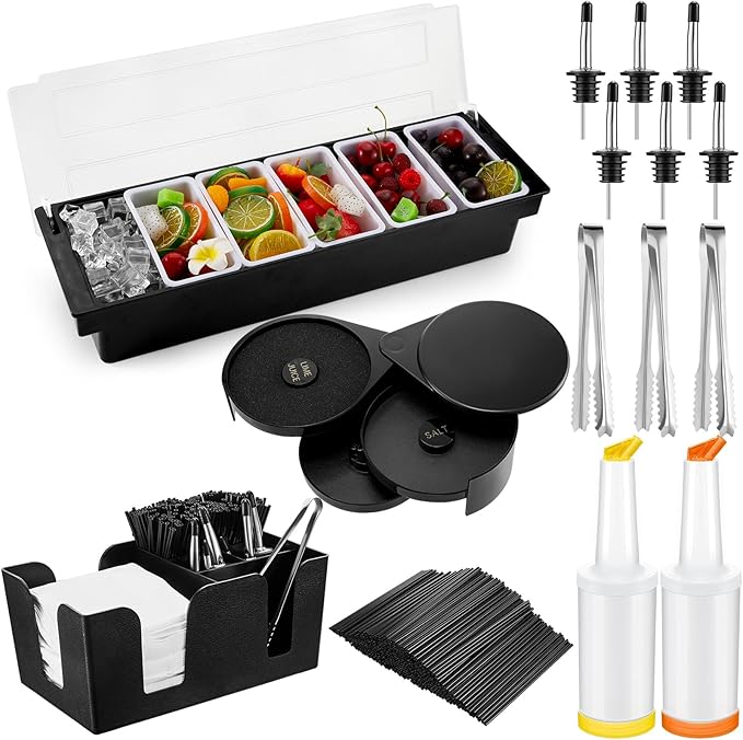 Mifoci Bartending Supplies Garnish Tray with Lid Bar Caddy 3 Tier Glass Rimmer 12 Stainless Steel Bottle Pourers 2 Juice P...