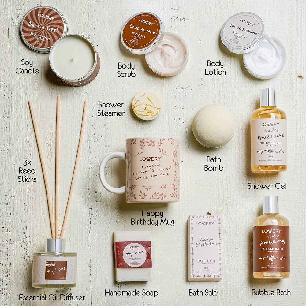 Birthday Gifts for Women, Birthday Gift Basket, Bath and Spa Gift Set for Women, Luxury Birthday Spa Gift Box, Vitamin E & Shea, Rich Bath Essentials in Coconut Scent, Happy Birthday Mug & More