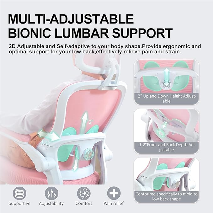 TUKAKA Ergonomic Office Chair,Ultra Thick Office Desk Chair with Adjustable Lumbar Support and Headrest,Spring Cushion,Rocking Function,Flip-up arms,Mesh Computer Chair for Home Office,Pink