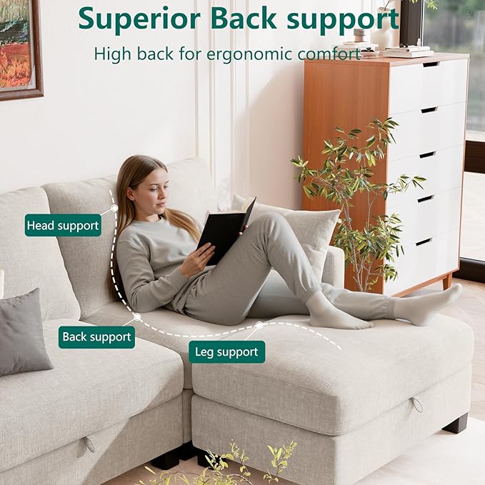 OhaiAura Modular Sectional U Shaped Sofa Couches for Living Room, Cloud Couch with Storage Ottoman, Comfy Chenille Sofa with Pillow, Beige