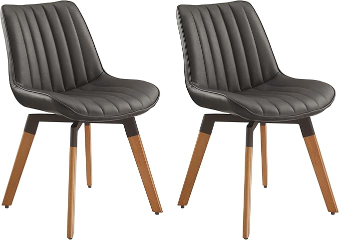 Art Leon Swivel Dining Chairs Set of 2, Mid Century Modern Kitchen Dining Room Chairs, Upholstered Faux Leather Armless Side Chair with Wood Legs for Living Room Bedroom, Dark Gray