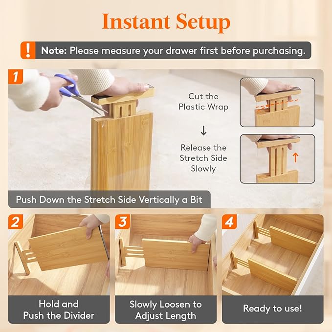 Lifewit 8 Pack 6" Deep Bamboo Drawer Dividers, 13-16.5" Expandable Drawer Organisers for Clothes, Adjustable Dresser Drawer Divider, Clothing Drawers Separators for Dresser, Bedroom, Bathroom, Office