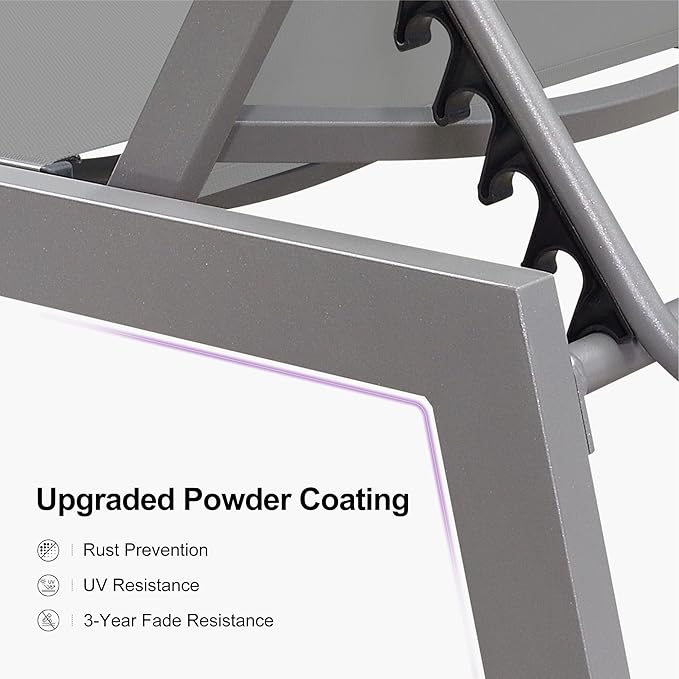 PURPLE LEAF Outdoor Lounge Chair Set for 2 Aluminum Patio Chaise Lounger with Wheels and Adjustable Backrest Pool Reclining Lounge Chairs for Beach Yard Poolside Table Included, Light Grey