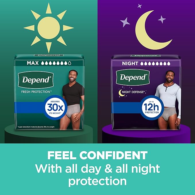 Depend Fresh Protection Adult Diapers, Incontinence Underwear for Men, Disposable, Maximum, Large, Grey, 17 Count, Packaging May Vary