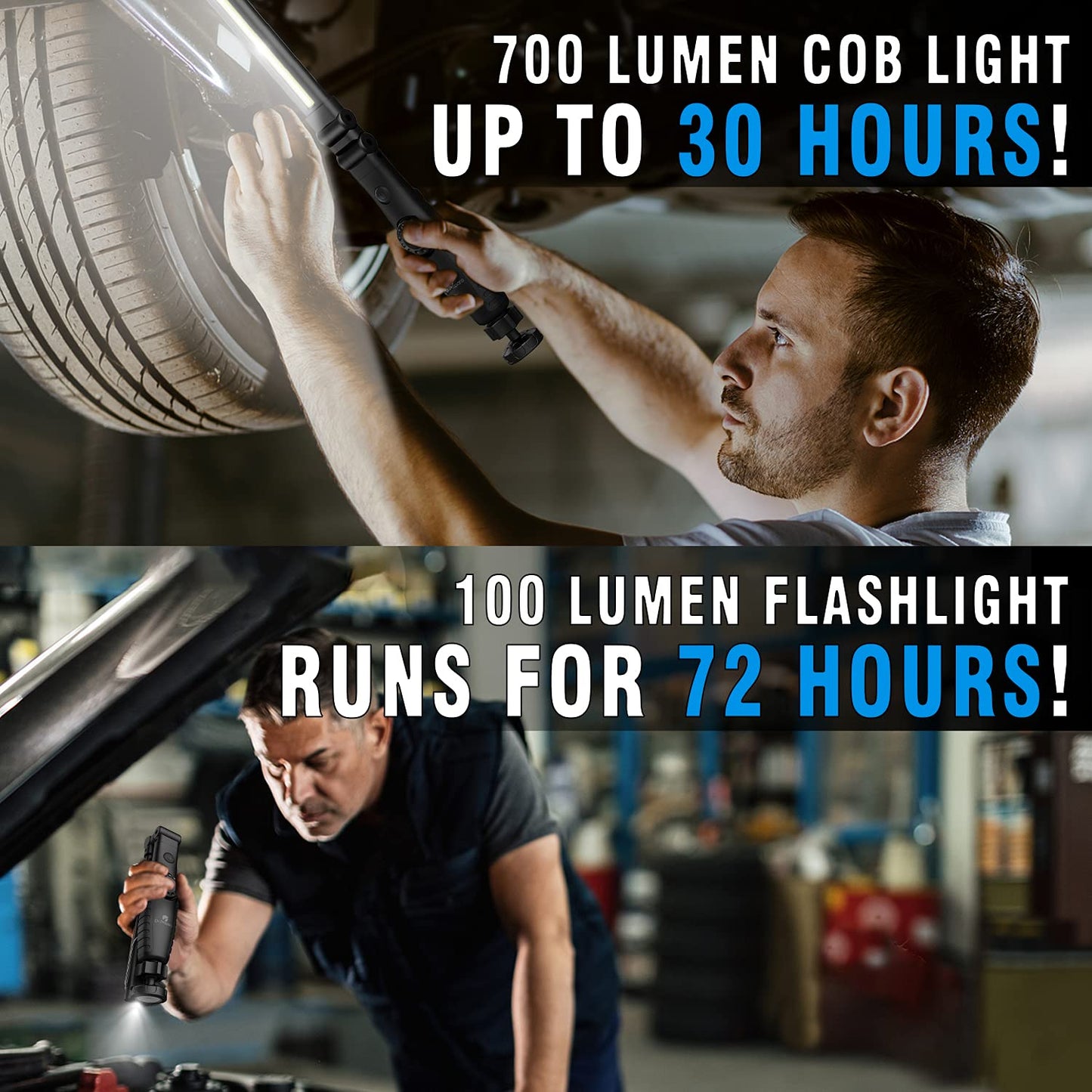 Dr. Prepare LED Work Light, 700 Lumens Foldable Rechargeable Work Light, 3200mAh Cordless Portable Magnetic COB LED Inspection Light for Car Repair, Home, Garage, Emergency, 2 Pack