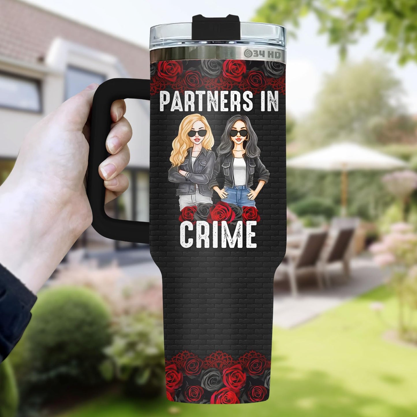 34HD Partners in Crime Tumbler with Handle and Straw, 40oz Stainless Steel Bestie Drinking Cup, BFF Coffee Mug, Best Friends Gifts for Birthday Christmas, Funny Friends Gift Ideas for Women