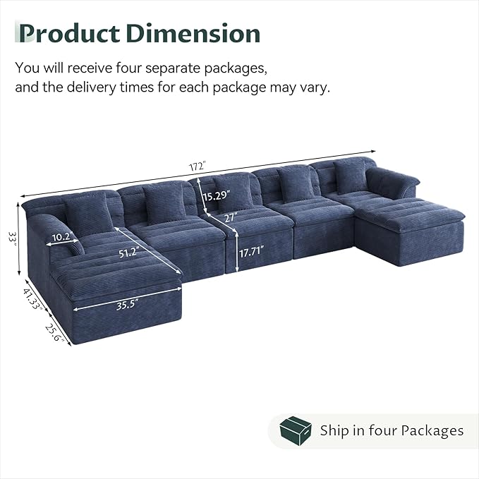 SUNG7 172" Modular Sofa with Ottoman, Boneless Cloud Couch with Deep Seat, Comfy U-Shape Corduroy Couches for Living Room, No Assembly Required, Blue
