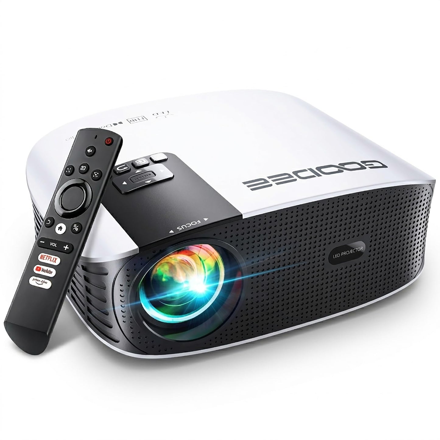GooDee 4K Smart Projector with 5G WiFi and Bluetooth, Built-in Streaming Apps, Dolby Audio 400" Outdoor Movie Projector for Home Theater, Compatible with TV Stick, iOS, Android