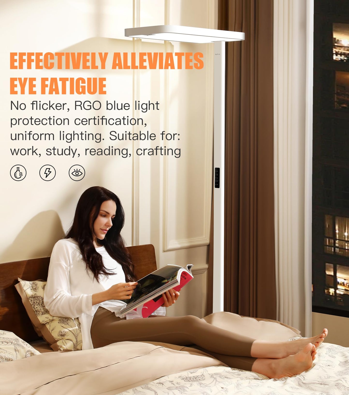 PalFish Pure Light Floor Lamp - Motion Sensor, 100W Full-Spectrum Standing Lamp for Bedroom, Living Room & Office - 60000+h Lifetime, 9500LM, 4000K, White Floor Lamp