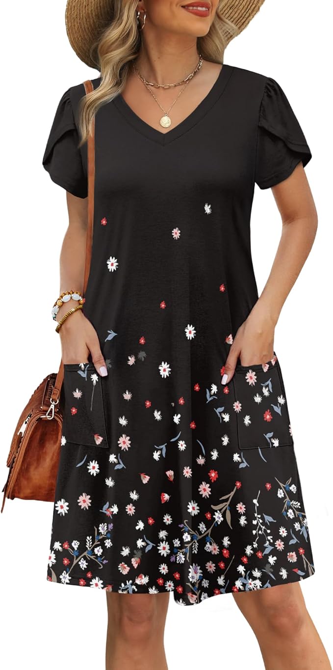 OFEEFAN Womens Summer Dresses 2025 Tulip Petal Short Sleeve V Neck Loose Swing Sundresses with Pockets Plain/Print