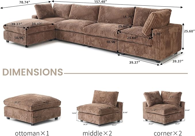 WJShome Cloud Modular Sectional Sofa,160" Oversized L Shaped Sofa Couch with Storage Ottoman,5 Seater Comfy Couch with Chaise Couches,Covers Washable&Replaceable (Brown)